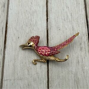 Vintage Signed ULTRA Roadrunner Pink Enamel Figural Pin Brooch Rhinestone